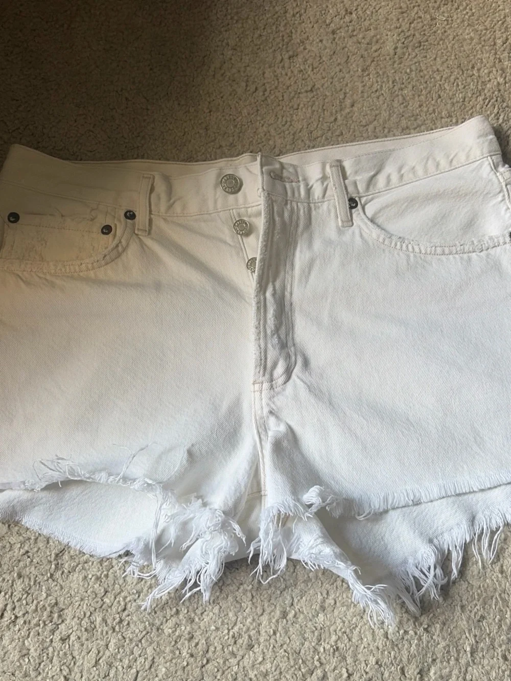 Agolde White Distressed Frayed Hem Denim Shorts